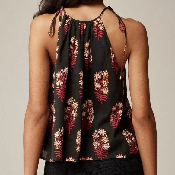 J.Crew Tie-Shoulder Tank Top in Cocoa Block-Print Cotton Voile – Black Floral - Picture 3 of 4